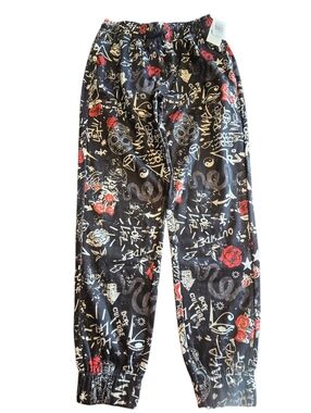 Fresh Prints Men's M Graphic Jogger Pants with Red Rose, Skull & White Print NWT